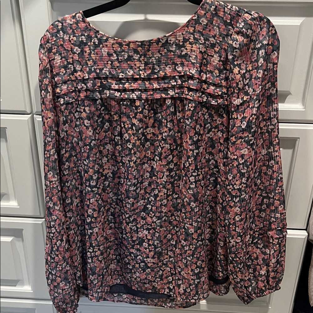 LOFT Navy Blouse with Pink Floral Print